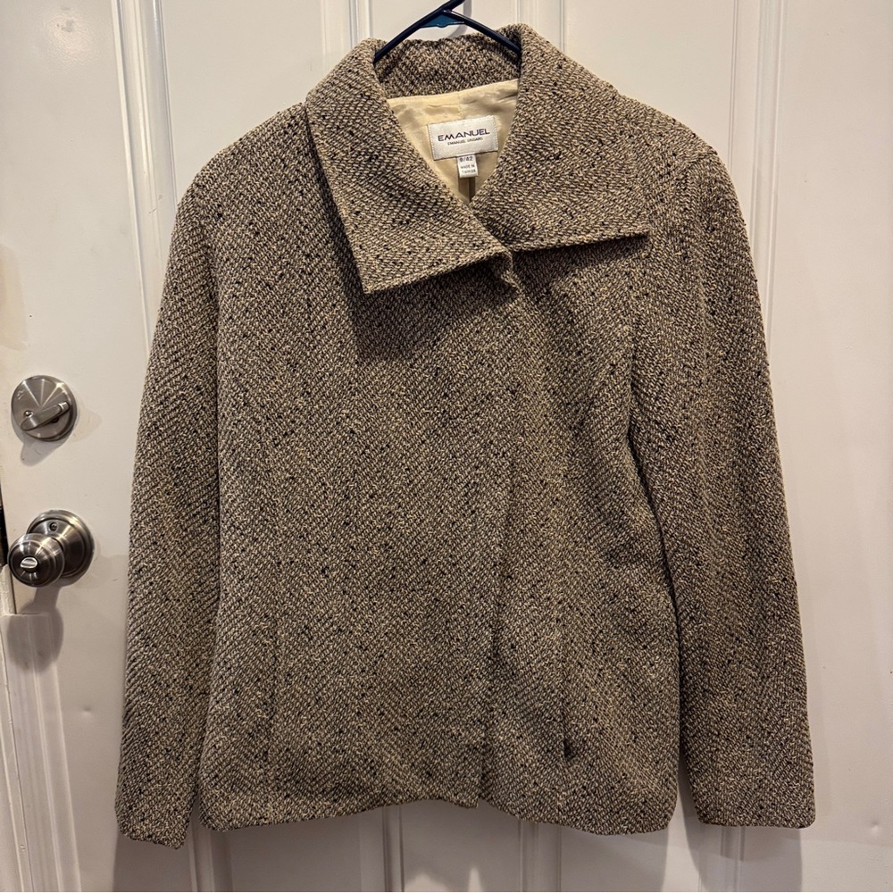 Emanuel Ungaro Wool Blend Tweed Pea Coat Jacket Asymmetrical Collar Taupe 8/42